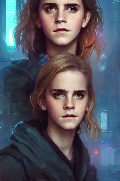 Image similar to portrait of cyborg Emma Watson as Hermione Granger in cyberpunk, neon lighting, night city, digital art from artstation by Ruan Jia and Mandy Jurgens and Artgerm and william-adolphe bouguereau and Greg Rutkowski and Wayne Barlowe