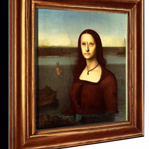 Image similar to portrait of a beautiful woman at a lake, oil painting by Da Vinci