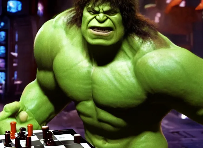 Prompt: film still of hulk playing checkers in the new avengers movie, 4 k