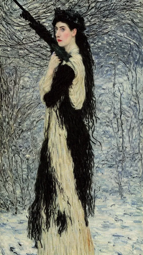 Image similar to a tall woman with very black hair and pale skin with a crown and a spear in her hand in a snowy landscape, fine art, splatter paint, impressionist mosaic, light art, complimentary - colors, tones of black in background, 2. 5 - dimensional, cinematic lighting, by claude monet, by pre - raphaelite brotherhood : : john everett millais gustav klimt