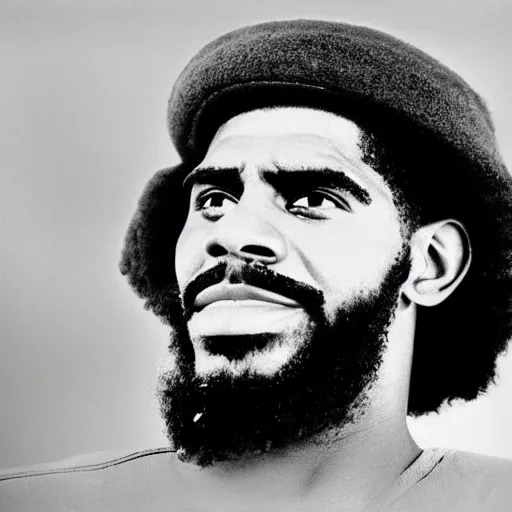 Image similar to Portrait of Kyrie Irving, Kyrie Irving as Che Guevara, Guerilla Heroico, Black and White, Photograph by Alberto Korda, inspiring, dignifying, national archives