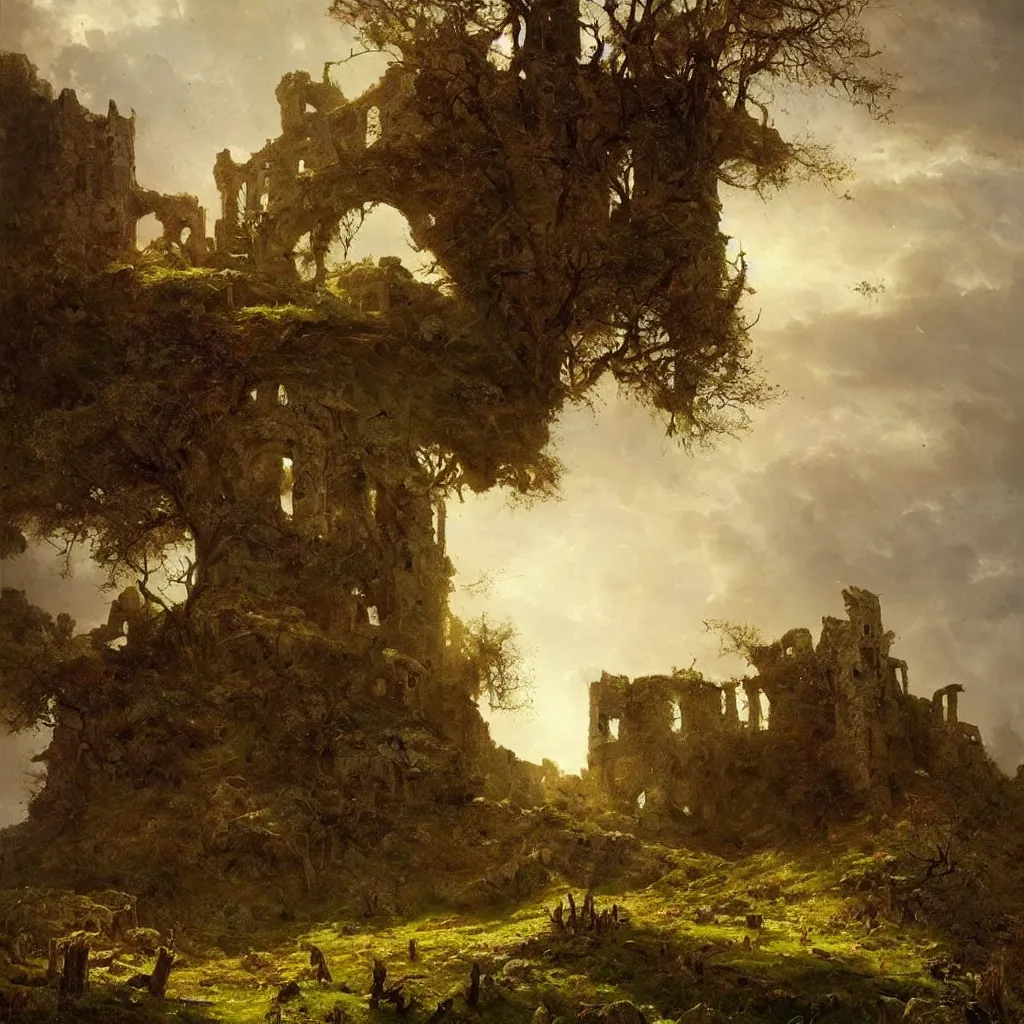 Prompt: ruined castle on a hill, surrounded by dead forest, oil painting, landscape, greg rutkowski, albert bierstadt