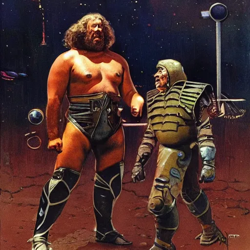 Prompt: wrestler giant haystacks in scifi warrior combat battle armour, by norman rockwell and boris vallejo