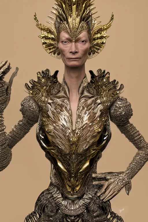 Image similar to a highly detailed 4 k render portrait of an alien goddess tilda swinton in iris van herpen dress schiaparelli armor in diamonds and lots of jewelry in style of alphonse mucha trending on artstation made in unreal engine 4