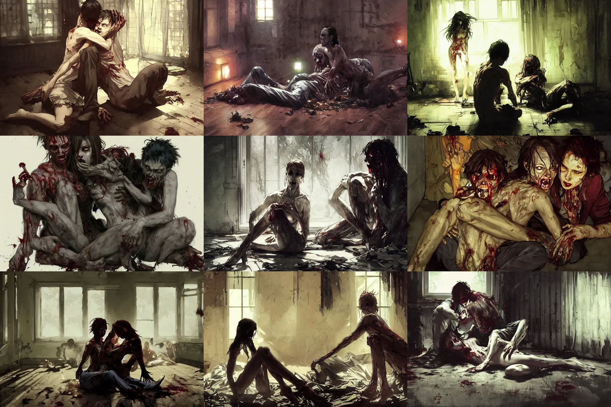 Prompt: zombie man sitting on the floor while devouring a woman, hugging each other in eerie living room of a modern kentucky house, only light source is a flashlight laying on the floor, art by krenz cushart, wlop, yoji shinkawa, artgerm, greg rutkowski, alphonse mucha