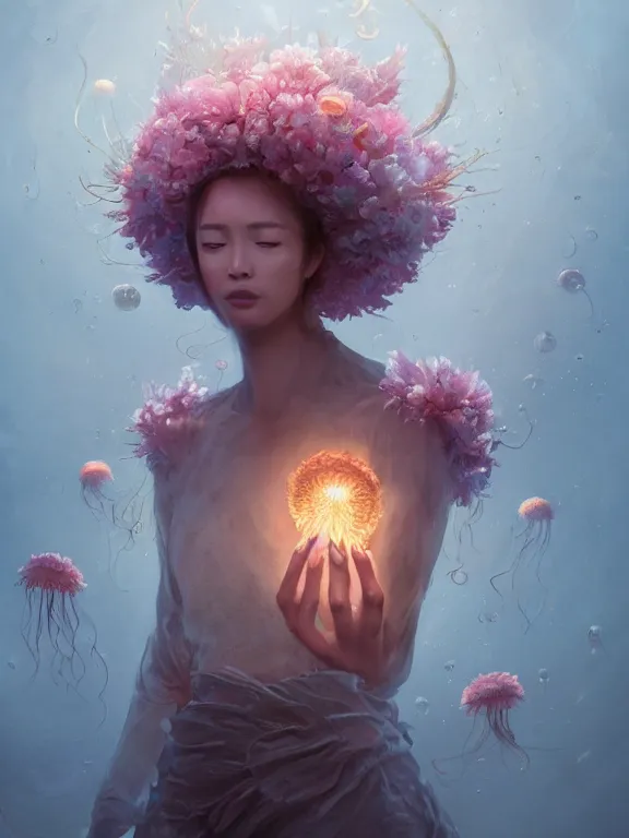 Image similar to a fancy portrait of a giant floating flower and jellyfish by Greg Rutkowski, Sung Choi, Mitchell Mohrhauser, Maciej Kuciara, Johnson Ting, Maxim Verehin, Peter Konig, Bloodborne, beeple, 8k photorealistic, cinematic lighting, HD, high details, atmospheric , trending on artstation. made in Maya, Blender and Photoshop, octane render, excellent composition, cinematic dystopian brutalist atmosphere, dynamic dramatic cinematic lighting, aesthetic, very inspirational, arthouse. y Greg Rutkowski, Ilya Kuvshinov, WLOP, Stanley Artgerm Lau, Ruan Jia and Fenghua Zhong