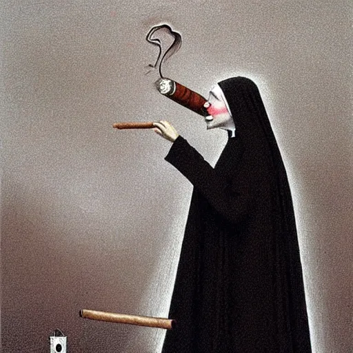 Prompt: a black nun wearing shiny jewelry, she's smoking a cigar and puffing smoke, by Beksinski