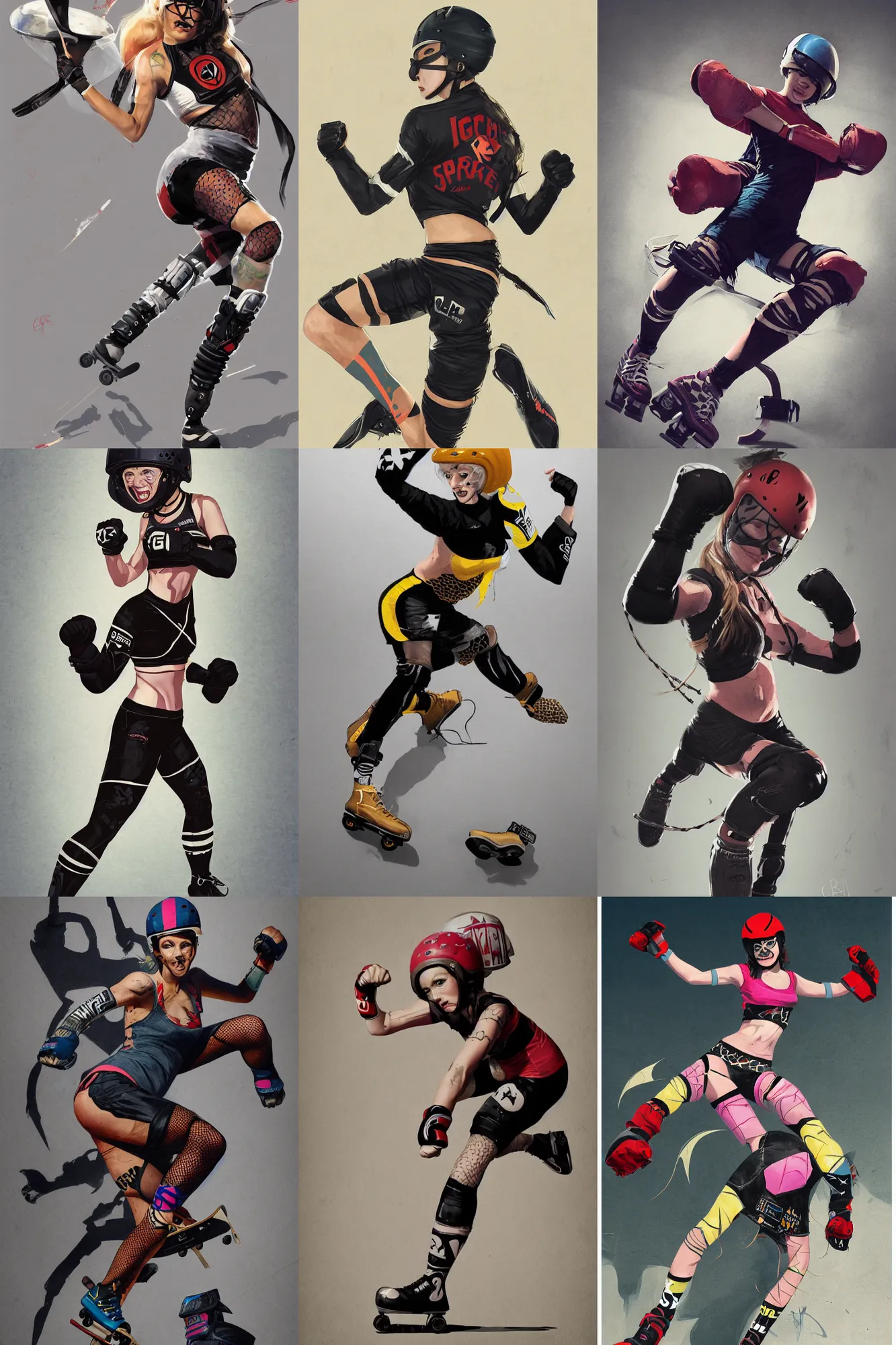 Image similar to logo design, roller derby girl sprinting Cross-Over, wearing skate helmet, knee pads, elbow pads,full length portrait, fishnet tights, torn, ripped, fists in the air, illustration by greg rutkowski