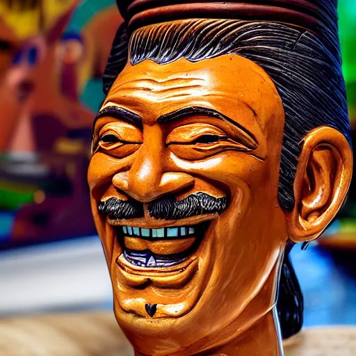 Prompt: a closeup photorealistic photograph of smiling salvador dali at trader vic's bar sitting next to a trader vic's style tiki mug featuring the face of salvador dali. tiki culture. bright scene. 4 k hd image that's trending on artstation, featured on behance, well rendered, extra crisp, features epic composition and the style of unreal engine.