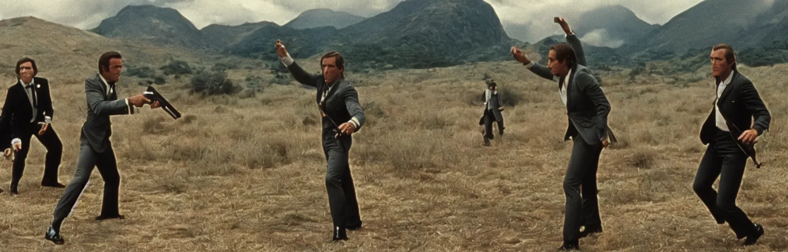 Prompt: two james bonds hide from each other in this still from the 1969 movie James Bond Battle Royale - art direction by moebius and jodorowsky hq production still technicolor