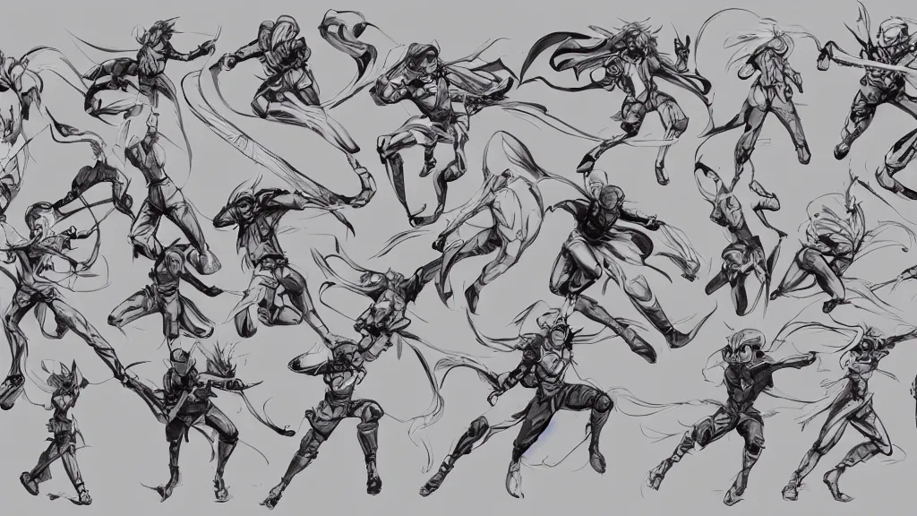 anime dynamic action poses sketch sheet, trending on