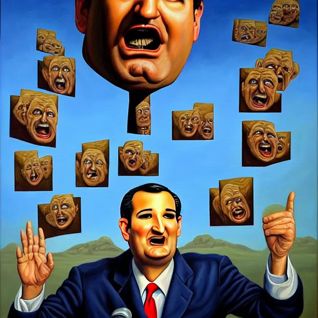 Image similar to an oil on canvas portrait painting of ted cruz doing a speech about the republican party, surrealism, surrealist, cosmic horror, rob gonsalves, high detail