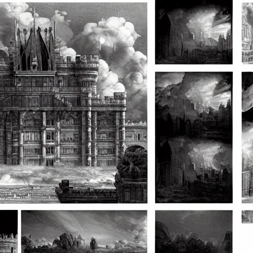 Image similar to A beautiful collage of a castle in the clouds. taupe, high-key lighting by Giovanni Battista Piranesi, by Stuart Immonen unnerving