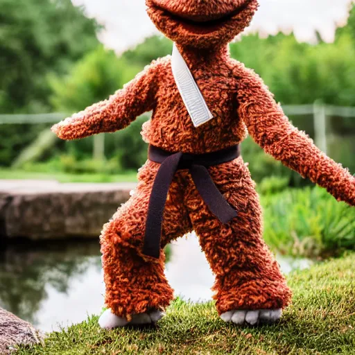 Prompt: a chocolate brown karate loving muppet bunny wearing cool ninja clothes and practicing her karate out in nature by a pond, photorealistic, photography, ambient occlusion, rtx, national geographic, sesame street