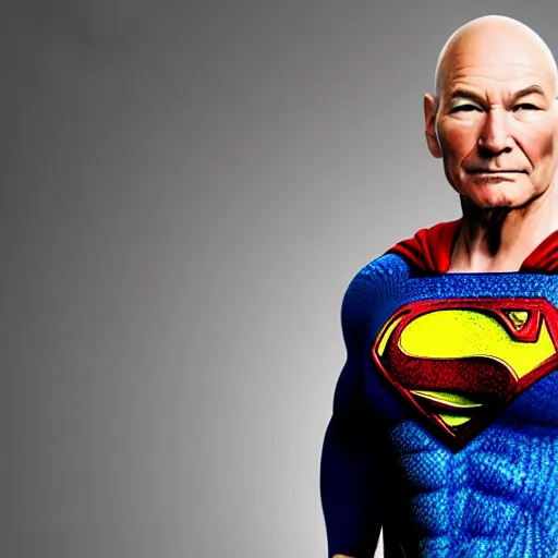 Prompt: Patrick Stewart as Superman, real photo, realistic, clean background