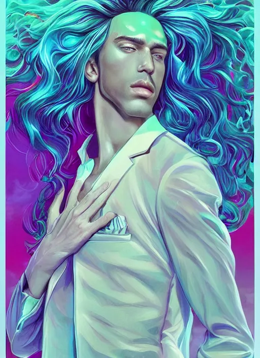 Image similar to magical, beautiful young man, wavy flowing hair, extremely detailed gorgeous face, sad eyes, tears, slim athletic body and attractive face, vaporwave aesthetic, synthwave, luxurious white suit, colorful, psychedelic, intricate, elegant, highly detailed, digital painting, artstation, concept art, smooth, sharp focus, illustration, art by artgerm and greg rutkowski and alphonse mucha