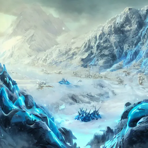 Prompt: snow army war, blue glacier volcano eruption, blue glacier volcano eruption, blue liquid and snow, snow army war, war armies under the mountain, ice cold blue theme, bright masterpiece artstation. 8 k, sharp high quality artwork in style of jose daniel cabrera pena and greg rutkowski, concept art by tooth wu, blizzard warcraft artwork, hearthstone card game artwork