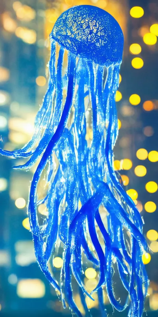 Prompt: at night, big blue jellyfish glowing in the night, very close detailed closeup, bokeh