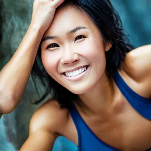 Image similar to beautiful half Vietnamese tanned woman, toned, rock climber, instagram, smiling, fitness wear, portrait, photorealistic