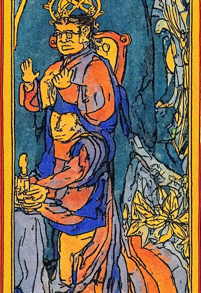 Image similar to Yann LeCun sitting on the throne on a tarot card, illustrated on the Rider–Waite tarot.