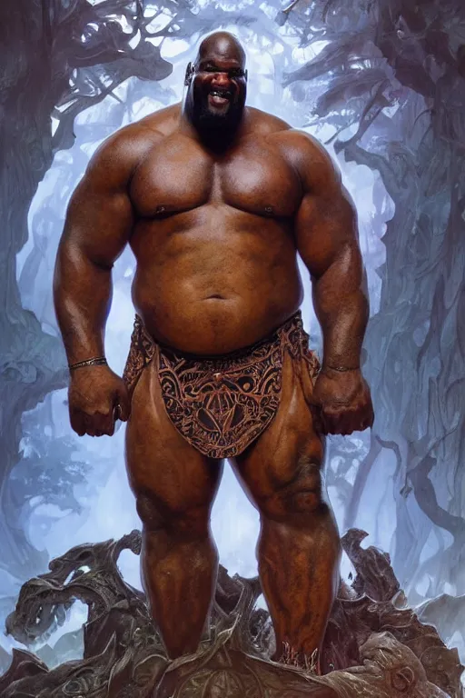 Image similar to portrait of shaquille o'neal as a hulking herculean demon, forest, godlike, full body, fantasy, intricate, elegant, highly detailed, digital painting, artstation, concept art, sharp focus, illustration, art by artgerm and greg rutkowski and alphonse mucha