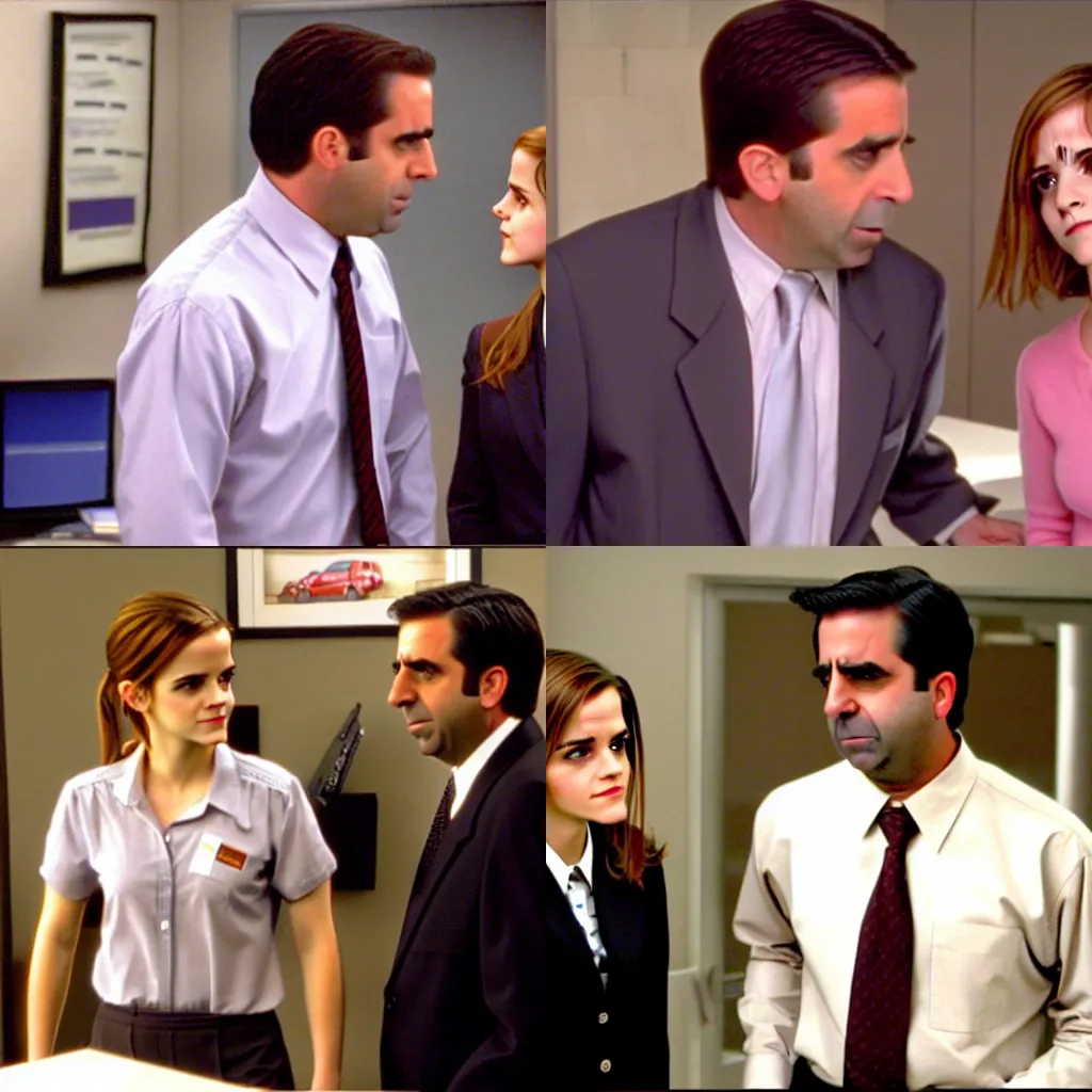 Prompt: screenshot from the office (2002) emma watson with Michael Gary Scott from the office (2002)