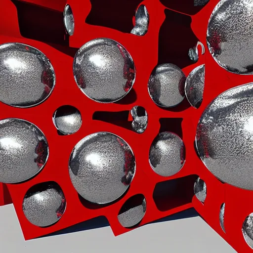 Prompt: chrome spheres on a red cube by rudolf hausner