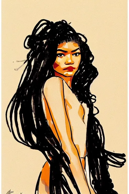 Prompt: beautiful portrait of Zendaya by Milo manara and David downton