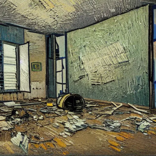 Prompt: a painting of an abandoned laboratory, debris and junk on the floor, no lights, in the style of vincent van gogh