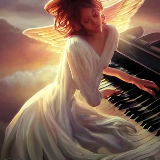 Image similar to angel play on piano in sky, unreal engine, digital, artstation, detailed intricate illustration, heavenly atmosphere, digital art, overdetailed art, concept art, complementing colors, trending on artstation, cgstudio, the most beautiful image ever created, dramatic, subtle, details, award winning artwork, beautiful scenery