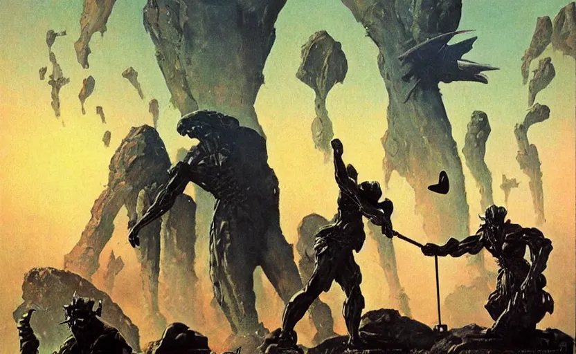 Image similar to aliens playing golf, surrounded by ancient monoliths with glowing runes. highly detailed science fiction painting by norman rockwell, frank frazetta, and syd mead. rich colors, high contrast, gloomy atmosphere, dark background. trending on artstation