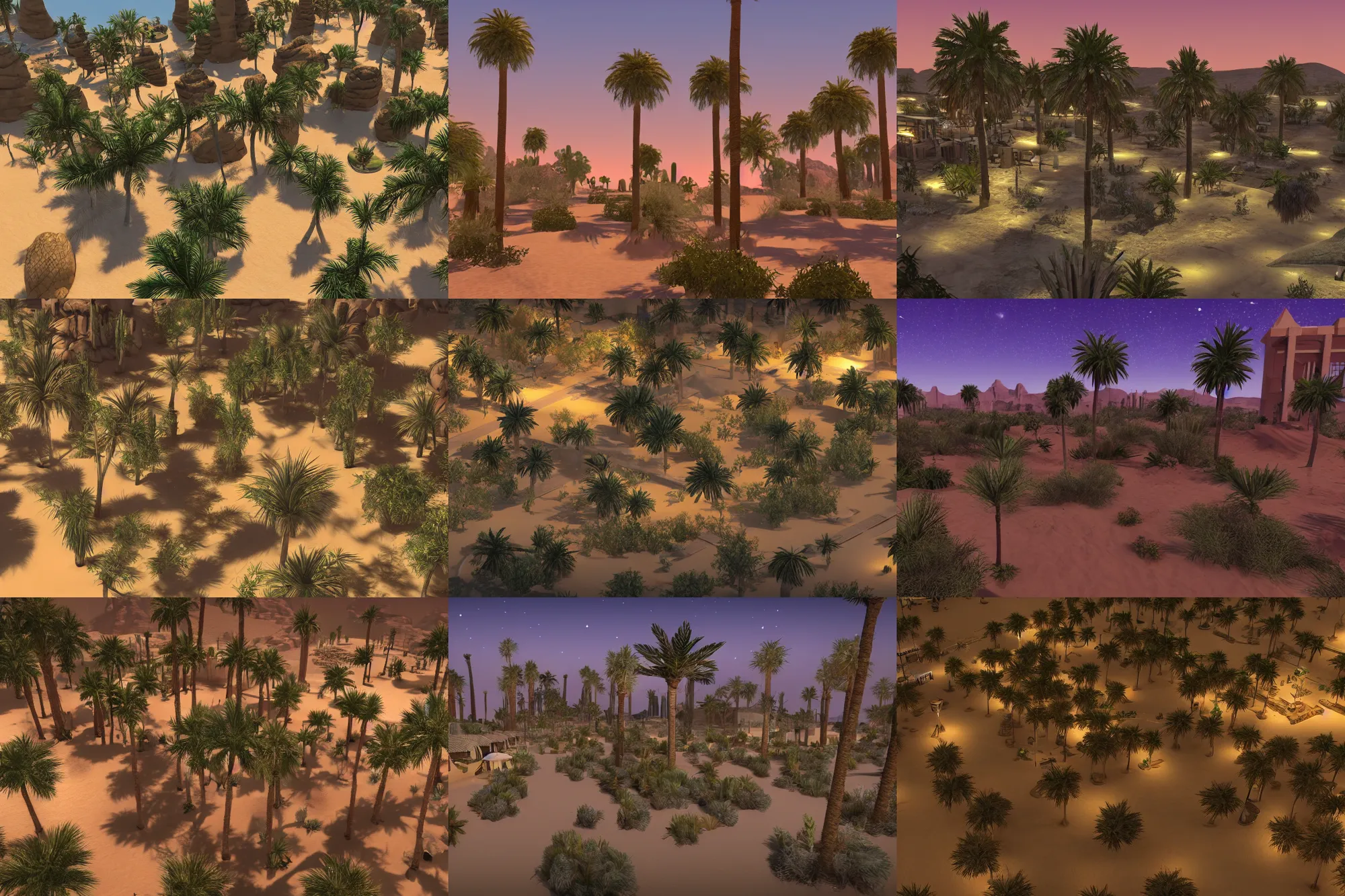 Prompt: Desert City, a small oasis, a small palm trees; night; Source Engine