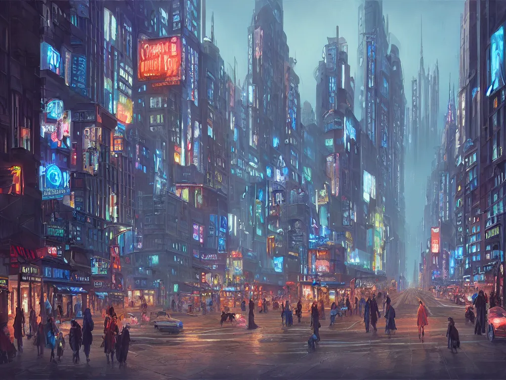 Prompt: beautiful matte painting of a busy city street with complex buildings, vivid lights, art deco, street view, street level, futuristic, technological lights, large screens, ads, fine detail, polished, cinematic lighting, concept art, blue color scheme, realism, by hugh ferris