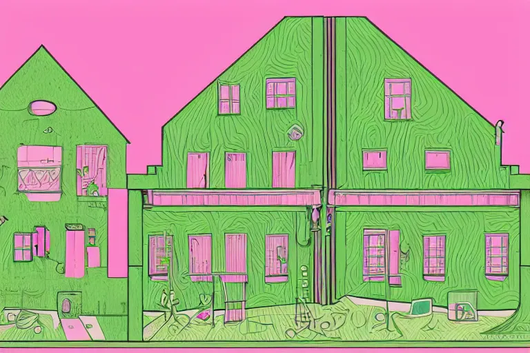 Image similar to a pink and green 2 d illustration of a cross section of a house, a storybook illustration by muti and tim biskup, featured on dribble, arts and crafts movement, behance hd, storybook illustration, dynamic composition