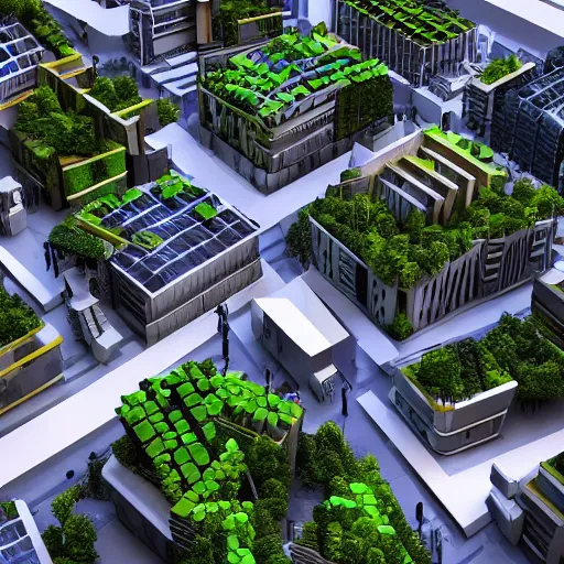 Image similar to architecture model of a futuristic city, lot of vegetation, light inside building, crowded street, table sized, maquette, axonometric, hyperrealism, photography