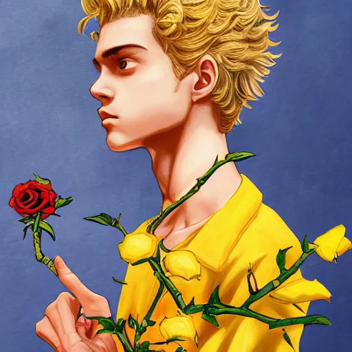 Prompt: A side view painting of 15 years old young and beautiful giorno giovanna holding a branch of yellow rose, fantasy, detailed, cinematic, tarot card, highly detailed, golden ratio,8k