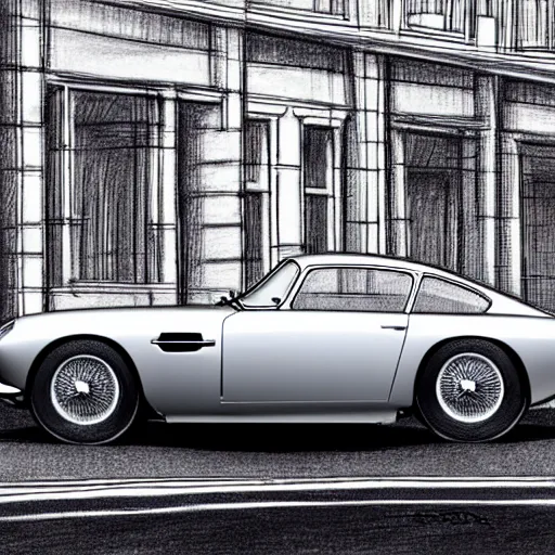 Image similar to copic marker pen drawing of an aston martin db 5 concept car, in a rich london business district street, medium range, sharp, very detailed, high resolution, trending on artstation