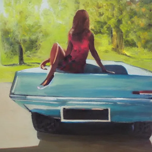 Image similar to girl sitting on car, oil painting by ian francis