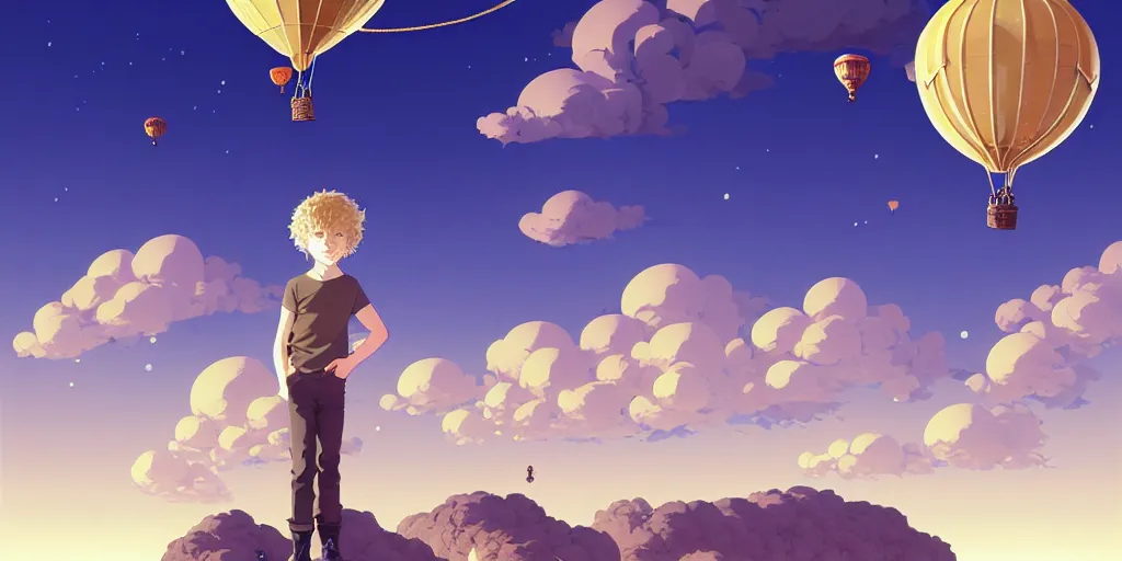 Image similar to 3 d portrait of a boy with light blond curly hair with an aviator helmet and goggles standing at the helm of a multidimensional steampunk hot air balloon by ilya kuvshinov, cloudy sky background lush landscape ln illustration concept art anime key visual trending pixiv by victo ngai fanbox by greg rutkowski makoto shinkai takashi takeuchi studio ghibli