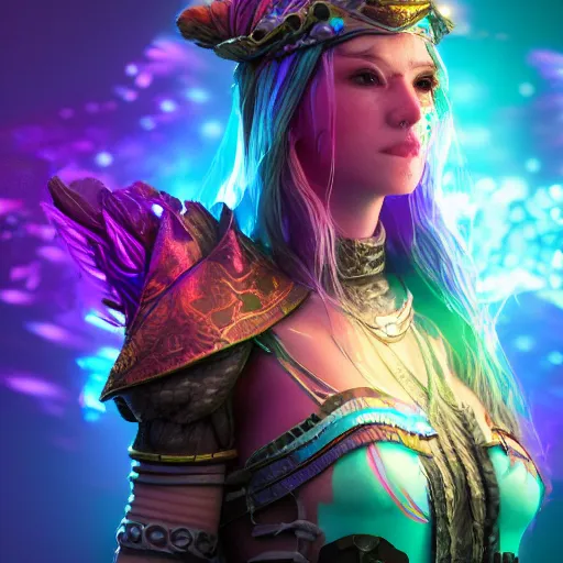 Image similar to female druid wearing colorful armor, extreme detail, octane render, trending on artstation, 4 k, medium shot, fantasy character, asymmetrical, bokeh, volumetric backlighting.