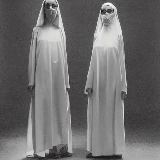 Prompt: award winning photo,two Hovering twin nuns, wearing pointed hoods, buxom chested, blindfolded, wearing translucent veils, see through dress, Very long arms, bedroom, wood door, eerie, frightening, standing at the foot of your bed, highly detailed, photorealistic, colorized —width 1024 —height 1024