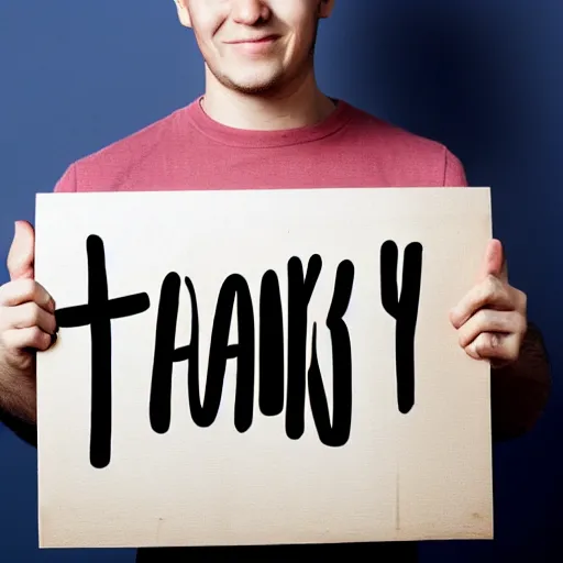 Image similar to man holding a sign that says “ thank you ”, madly grinning, studio light