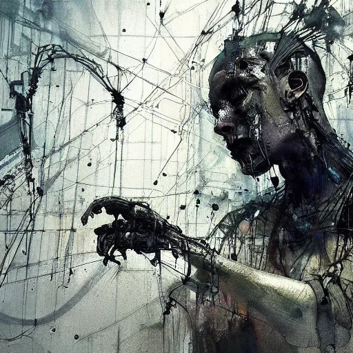 Image similar to screaming cyberpunk, wires, machines by emil melmoth zdzislaw belsinki craig mullins yoji shinkawa realistic render ominous detailed photo atmospheric by jeremy mann francis bacon and agnes cecile ink drips paint smears digital glitches glitchart