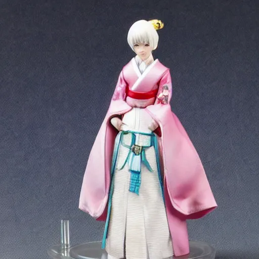 Image similar to a japanese princess young lady, with white hair and bangs!!!! beauty, action figure, well lit, studio light, painted action figure, toy advertisement