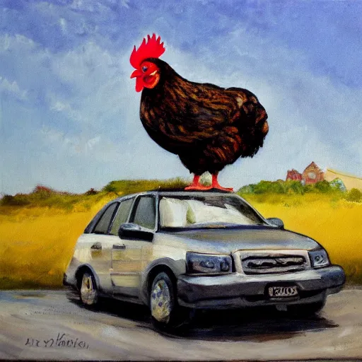 Prompt: chicken on top of a car, oil painting