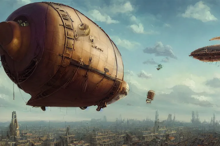 Prompt: a pig-blimp, steampunk, digital art, extremely detailed, flying over a city, greg rutkowski, cinematic