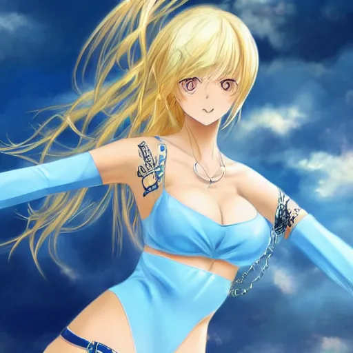 Prompt: full body shot : a very beautiful young blond tennis anime girl, sky blue eyes, golden chains, tattoo, bikini, miniskirt, highly detailed, cinematic wallpaper by stanley artgerm lau
