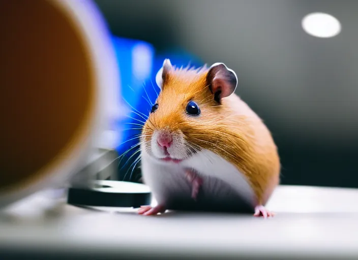 Prompt: film still of a hamster working in a research lab looking through a tiny microscope, 8 k