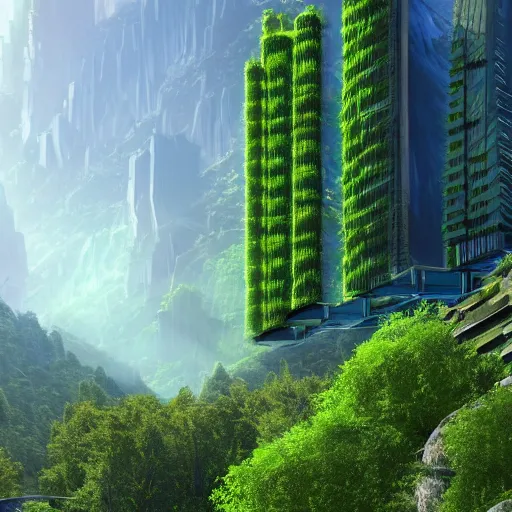 Image similar to vertical farm towers and sci - fi containment building in a steep sided valley with trees, a sense of hope, high res, 4 k, in the style of edouard groult