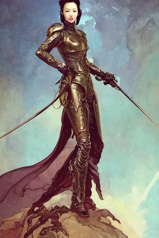 Image similar to full length portrait of zhang ziyi in armour, by eve ventrue, michael carson, andreas rochas, john watkiss, casey weldon, artgerm. art nouveau. tarot card by mucha. gloomhaven. swirly intricate linework background. gaudy colors, sharp edges. octane render